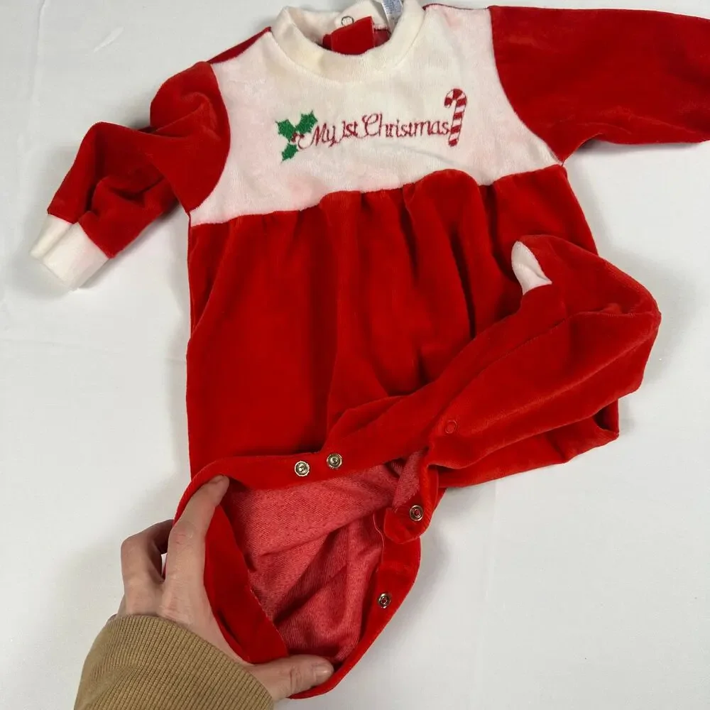 Vintage 1980s Mothercare My 1st Christmas Holiday Jumpsuit Sz L 6-12 mo (READ)